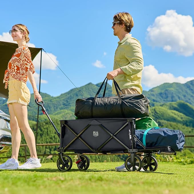 Timber Ridge 49" Extra Long Collapsible Folding Wagon with Tailgate and Brakes, 300lbs Heavy Duty Foldable Wagon with Adjustable Handle, 250L Capacity Portable Cart for Outdoor Camping Sports, Grey