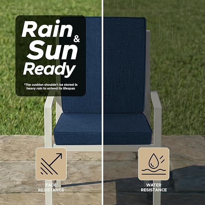 Outdoor Chair Cushions, Water-Resistant & Fade-Resistant, Patio Furniture Lawn Dining Chair Seat Replacement with Mid Back, Ties Zipper, Removable Cover, 18 x 16.5 Inch, Set of 2, Navy Blue