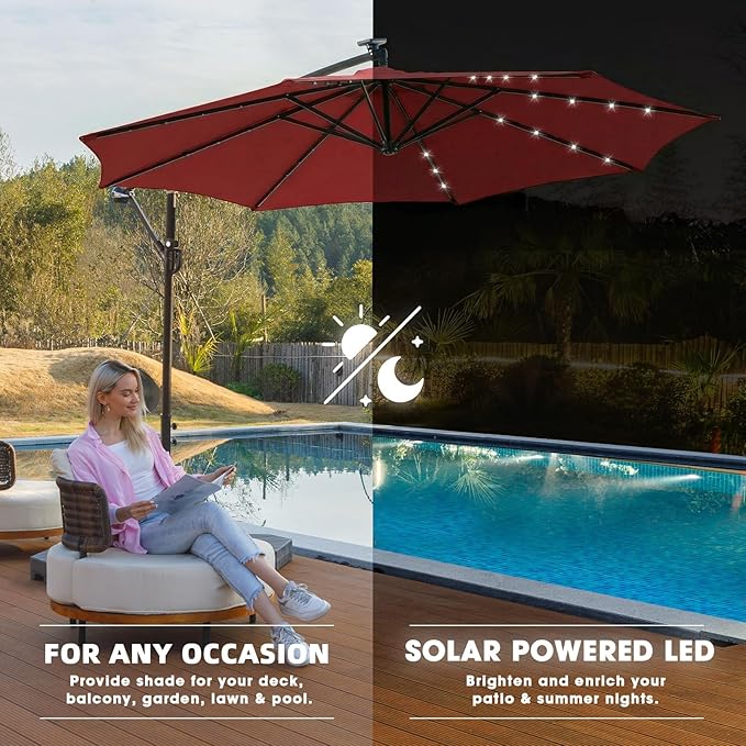 wikiwiki 10ft Solar LED Offset Patio Umbrella, Outdoor Cantilever Patio Umbrellas with Solor Lights for Backyard, Poolside and Garden, Easy Tilt Adjustment, 32 LED Lights & Polyester Shade, Red