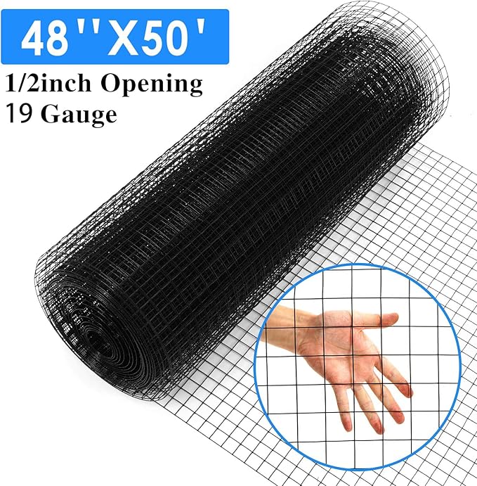48'' x 50' 1/2inch Hardware Cloth 19 Gauge Black Vinyl Coated Welded Fence Mesh for Home and Garden Fence and Home Improvement Project
