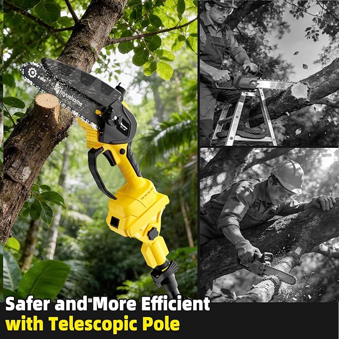 21V Cordless Pole Saw, 4-in-1 180° Rotatable Electric Tree Trimmer with 6/8 Inch Guide Bars,4000mAh Battery & Fast Charger, Telescopic Pole, Brushless Motor for Garden/Farm/Camping