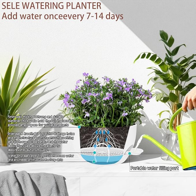 12" Self Watering Hanging Planters with Chains, White, 2 Pack | 43 Oz removable self-watering reservoir, for indoor/outdoor plants, patio & garden