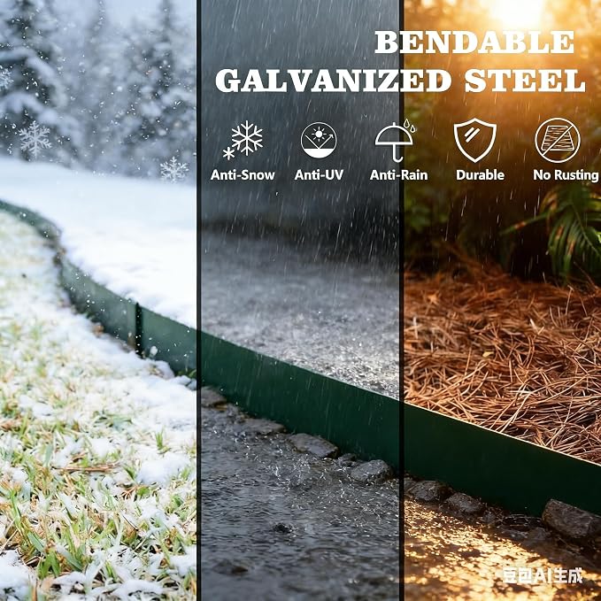 A ANLEOLIFE 20FT Galvanized Steel Landscape Edging, 6-Pack 40" L x 6" H Hammer-in Metal Garden Border with 10 Stakes for Lawn, Pathway, Flower Beds – Green