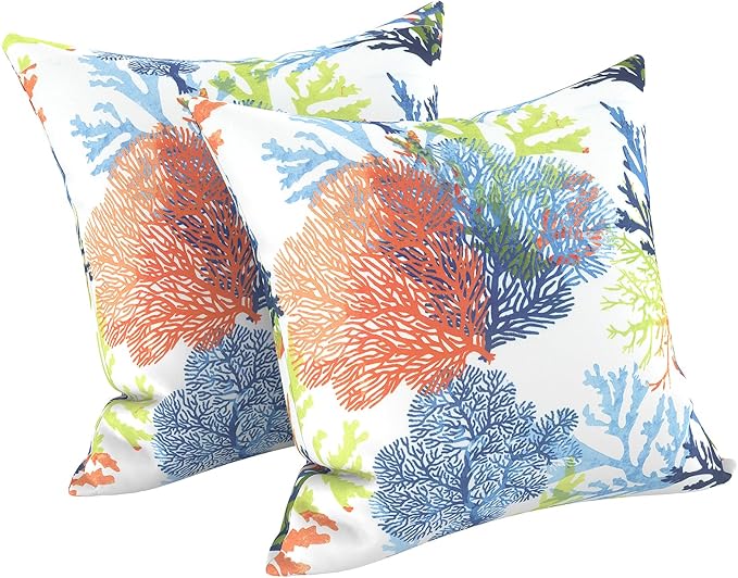 LVTXIII 2 Pack Outdoor Pillow Covers ONLY 18x18 Inch, Water-Repellent Square Decorative Cushion Covers for Patio Furniture, Garden, Sofa, Coral Multi