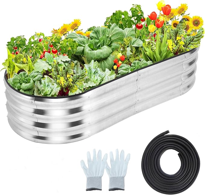 GarveeLife 2 Pcs 4.5x2x1 ft Oval Raised Garden Bed, Galvanized Raised Beds,Open-Ended Base Metal Raised Planter Beds,Planter Raised Boxes for Vegetables, Flowers,Tool-Free Asse,Rubber Edge