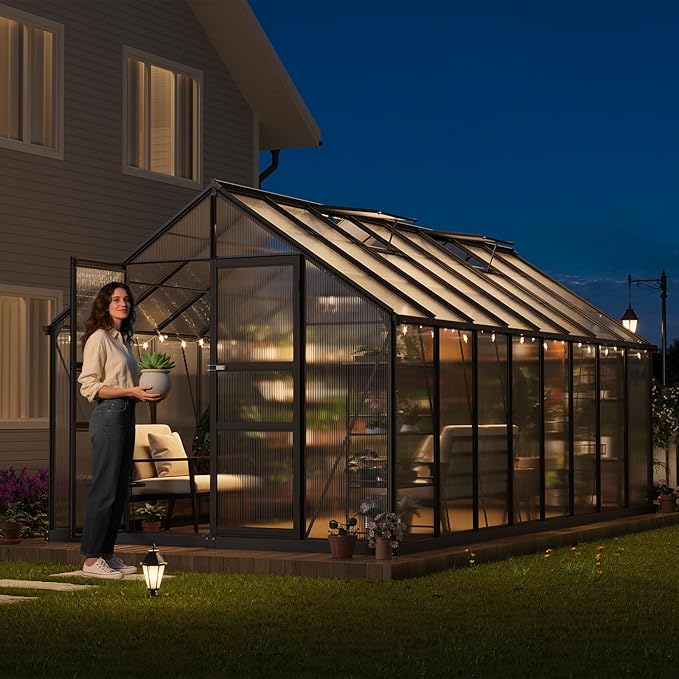 Garvee Greenhouse, 8×16FT Greenhouses for Outside,Outdoor Greenhouse with Roof Air Vent, Heavy Duty Walk-in Aluminum Green House for Outside Garden Backyard