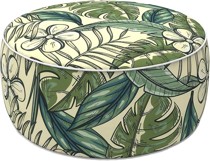 LVTXIII Indoor/Outdoor Inflatable Ottoman with Handle D21 x H9 Inch, Weather-Resistant Round Footstool Pouf for Patio Camping Living Room, Portable Footrest Extra Seating, Tropical Paradise