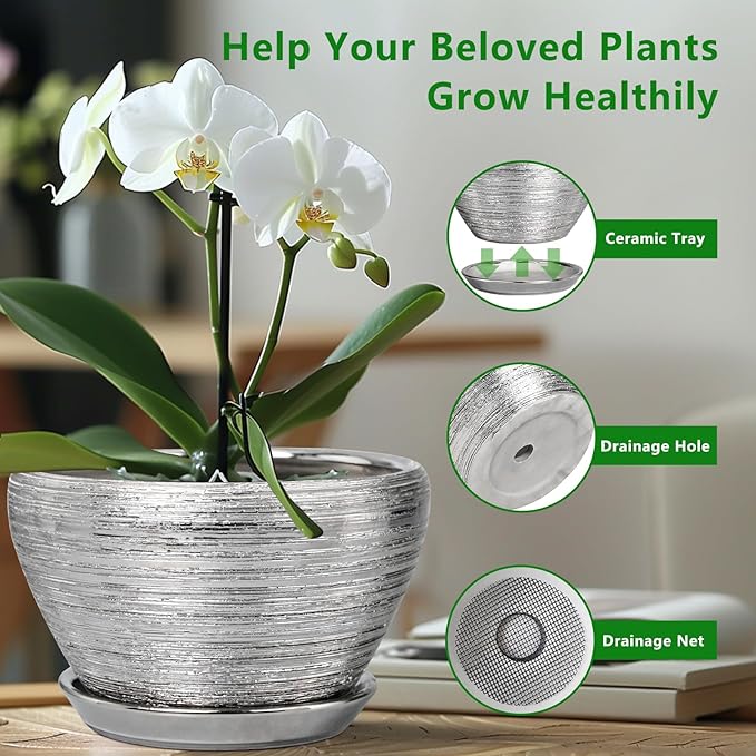 Ceramicfor Pot for Plants 9 Inch - Ceramic Plant Pot Indoor with Drainage Hole and Saucer Round Planter for Indoor Plants Modern Decorative Flower Pot for Home Decor Silver