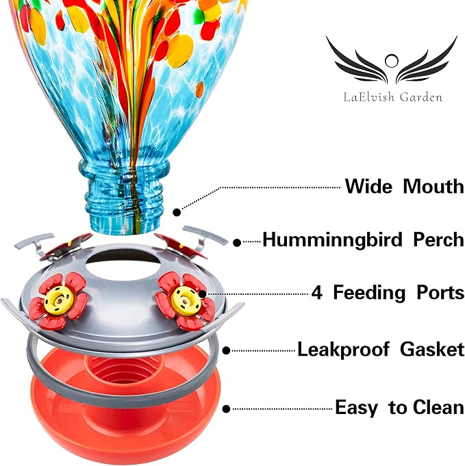 Hummingbird Feeder, 34OZ Hand Blown Glass Hummingbird Feeders for Outdoors Hanging, 4 Feeding Perch with Ant Moat Leakproof, Garden Yard Decor Gifts for Women Mom (Holiday Balloon) | LaElvish Garden Hummingbird Feeder, 34OZ Hand Blown Glass Hummingbird...