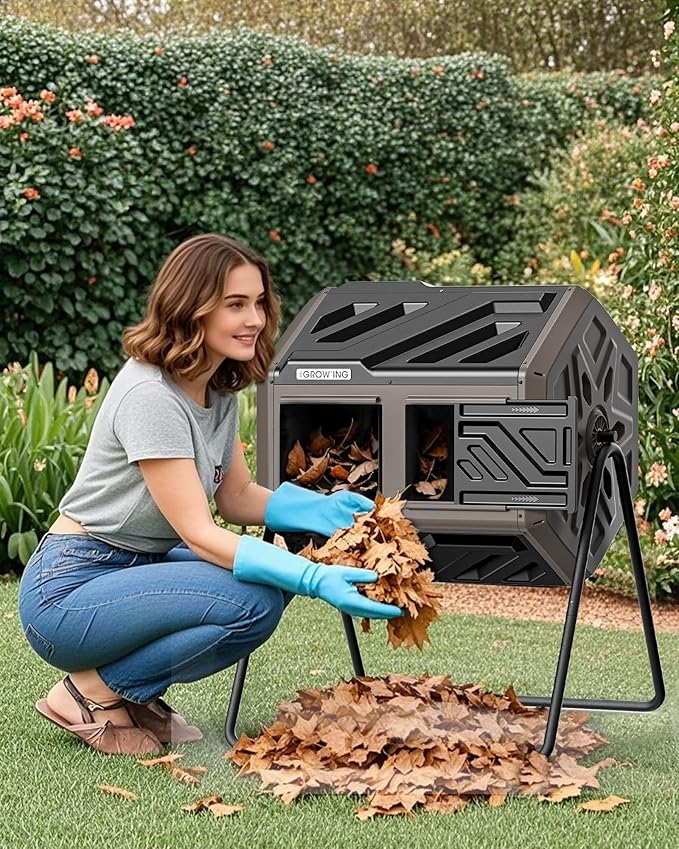 THEGROW'ING 43 Gallon Dual Chamber Compost Bin with Built-in Nuts, Outdoor Rotating Composter Tumbler for Garden Backyard, Brown