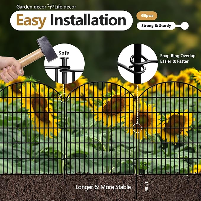 GILPWA 15 Panels Decorative Garden Metal Fence, 33in (H) x 33.46ft (L) No Dig Dog Fencing for Outdoor Yard, Rustproof Animal Ground Stakes Temporary Panel Border Barrier for Patio Flower Bed Camping
