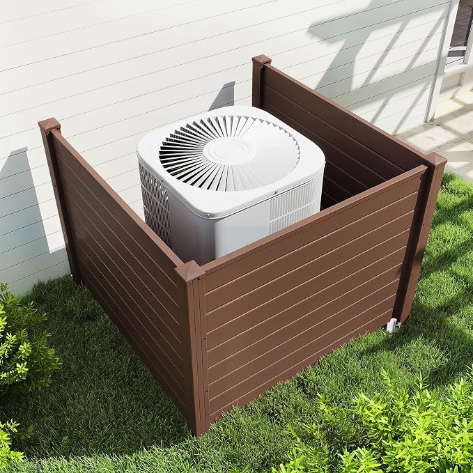 HAPPYGRILL Air Conditioner Fence, 3 Panels Outdoor Privacy Screen with Metal Stakes, No Dig Pool Equipment Enclosure, 48" x 38" Trash Can Screen Fence Kit for Outside Backyard, Brown