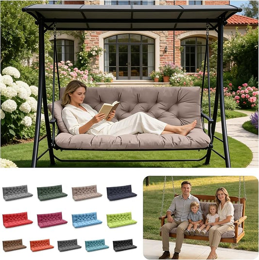 Porch Swing Cushions, Outdoor Swing Replacement Cushions 3 Seater with Backrest, Waterproof Bench Cushion with Ties,for Patio,Porch, Garden,Backyard(Khaki 47 * 40 in)