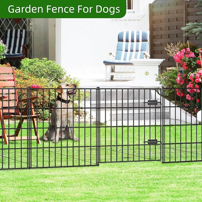 FOREHOGAR Metal Garden Fence 28in (H) x 23.3ft (L), 1 Gate + 9 Panels Dog Fence Border Fences Animal Barrier, No Dig Garden Fencing for Yard Flower Bed Lawn Patio Outdoor, PIN282810G Black