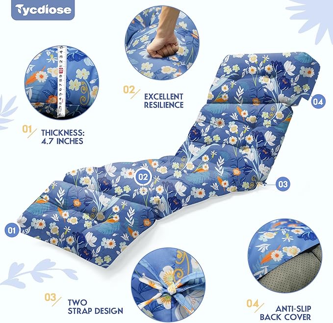 Waterproof Outdoor Chaise Lounge Chair Cushion 74.4 x 22 x 4.7 Inches Memory Foam Lounge Chair Cushions for Outdoor Furniture with Ties, Thickened Pool Lounge Chair Cushion, Blue Floral