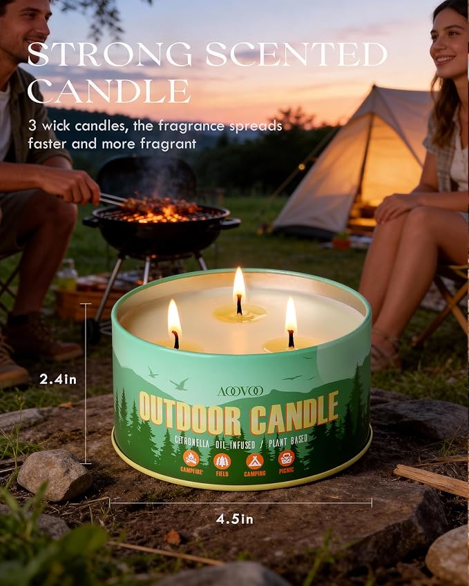 AOOVOO 2 Pack Citronella Candles Outdoor - 3 Wick 24oz Large Camping Candle, Natural Essential Oil Soy Wax Non Toxic, Strong Scented Candles for Outside Backyard Garden Picnic