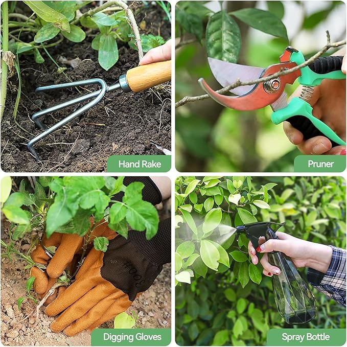 Grenebo Garden Tools 9-Piece Heavy Duty Gardening Hand Tools with Fashion and Durable Garden Tools Organizer Handbag, Rust-Proof Garden Tools Set, Ideal Gardening Gifts for Women (Black Red)