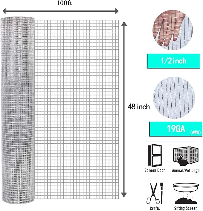 Hardware Cloth 1/2 inch 48inch x 100 Ft 19 Gauge Hot Dip Galvanized After Welding Galvanized Wire Mesh Roll Chicken Wire Fencing Gopher Wire Garden Bed Plant Supports Poultry Netting Cage Snake Fence