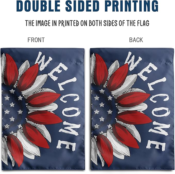 4th of July Sunflower House Flag Red White Blue Floral Garden Flags 28x40 Double Sided Large Memorial Independence Day Banner for Outside Outdoor Patriotic Decor