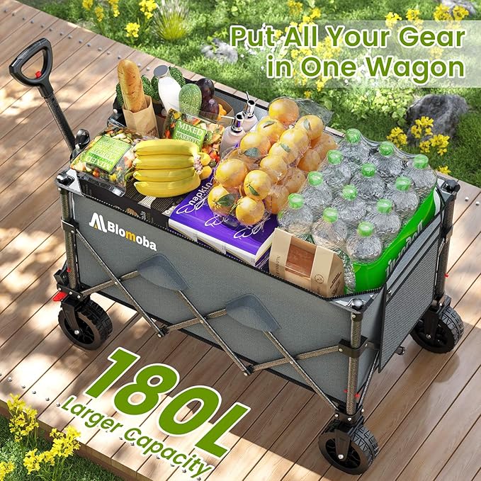 Blomoba Collapsible Wagon Cart with Wider Wheels, 330lbs Heavy Duty Foldable Beach Wagon with Auto-Rebound Handle, 180L Utility Grocery Shopping Cart for Garden, Shopping, Camping, Sports, Gray