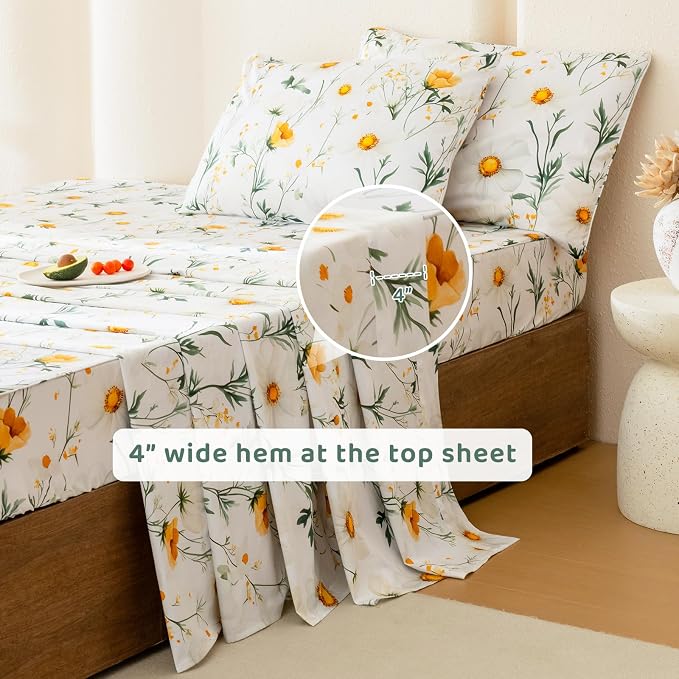QSH 4PCs Green Floral Egyptian Cotton Sheets King Size,Yellow Platycodon Flowers Botanical Pattern Printed Bedding Sheets King Aesthetic Extra Soft and Breathable 17.5" Deep Pockets Bed Sheet