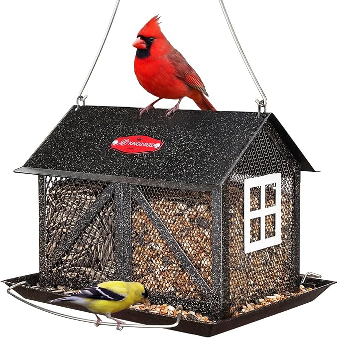 Kingsyard Metal Bird Feeder for Outdoors Hanging, 2-in-1 Wild Bird Feeder with Seed Tray & Built-in Perch, 5 lb Large Capacity for Cardinal Chickadee Finch, Black