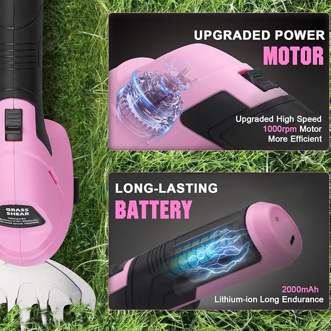 2-in-1 Cordless Grass Shear and Hedge Trimmer - Pink, 8V Handheld Electric Shrub Trimmer/Grass Cutter with Rechargeable Lithium-Ion Battery and Type-C Charging Cable