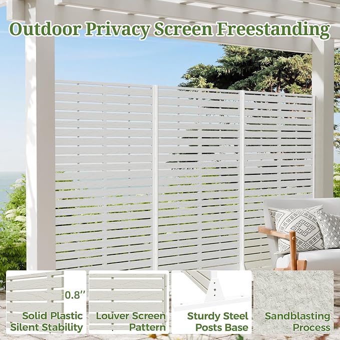 Privacy Screen Outdoor 60" Hx35 W Freestanding Privacy Panel with Stand, HDPE Decorative Privacy Fence with Sandblasting Louver Pattern, Patio Divider Screen, Privacy Screens for Outside