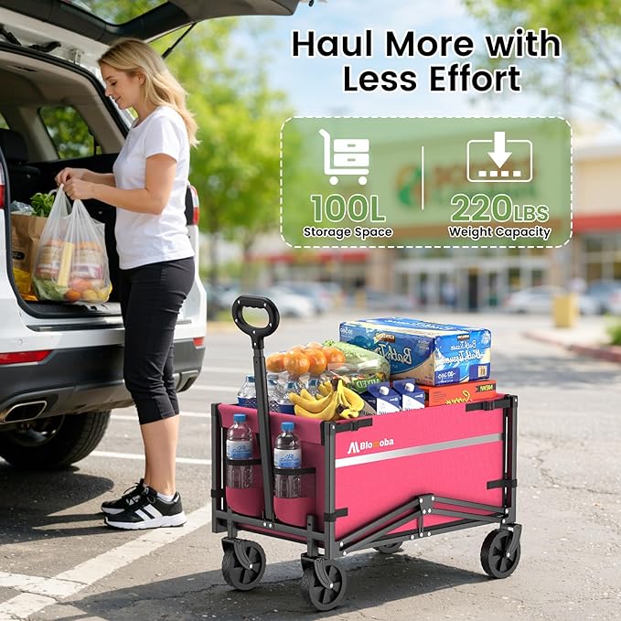 Blomoba Collapsible Wagon Cart, 220LBS Heavy Duty Collapsible Wagon with All-Terrain Wheels 360° Rotation, Flexible Handle, Portable Utility Cart for Grocery Sports Garden Shopping Camping Beach, Pink
