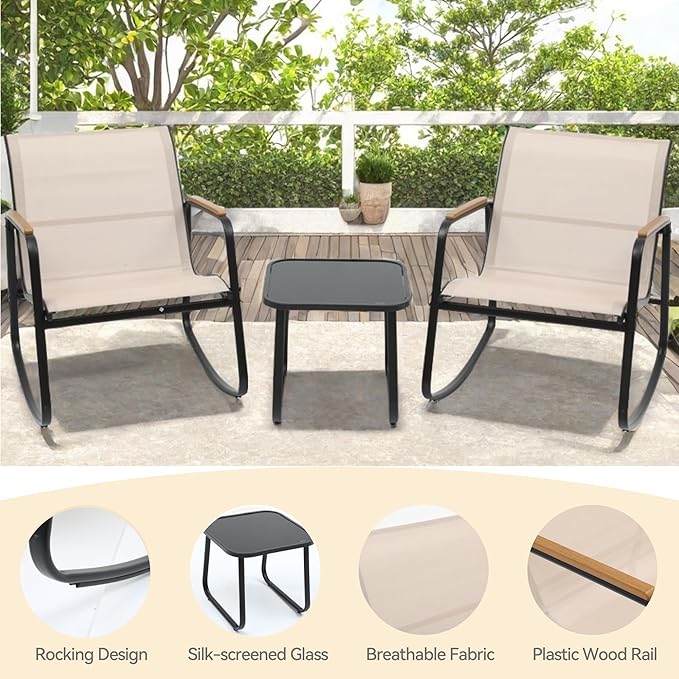 DWVO Patio Rocking Bistro Set, 3 Piece Durable Textilene Outdoor Furniture Set, Wooden Armrest Rocker Chairs & Glass Table for Garden, Balcony & Poolside, Beige