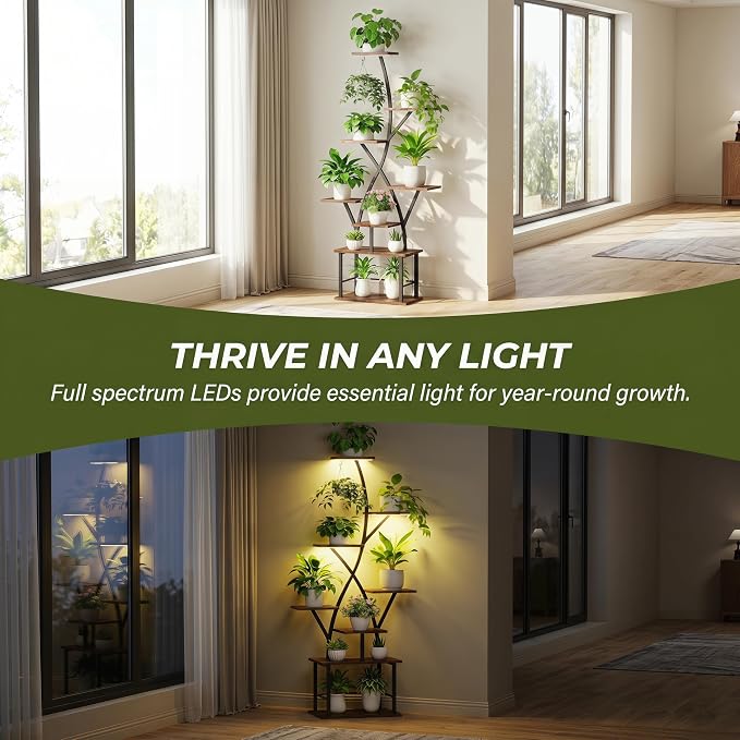 Quikraen Plant Stand Indoor with Grow Lights 64" Tall Plant Shelf Corner Lighted Plant Stands for Indoor Growing Multiple Metal 8 Tiered Large S-Shape Flower Plant Rack for Home Decor Patio Balcony