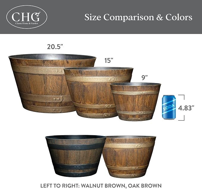 Classic Home & Garden by Growscape Whiskey Barrel Planters, Wooden Finish Flower Planter Pot, Stylish Garden Pots, Indoor Outdoor Resin Planters, Weather-Resistant Plant Pot (20.5" Oak Brown, 1-Pack)