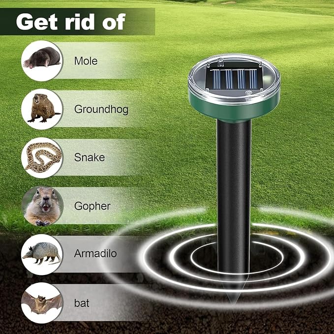 Ultrasonic Mole Repellent Solar Powered,Gopher Mole Repeller for Lawn Garden Yard, Effective Sonic Rodent Repellent for Voles Snakes Rats