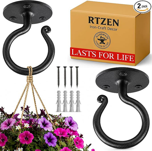 RTZEN Plant Hangers Outdoor or Indoor - Wrought Iron Metal Hanger Indoor Hook - Heavy Duty Wall Bracket Hooks for Hanging Plants Baskets Lanterns Bird Feeders - 2 Pack (Black Ceiling Hooks 3.1")