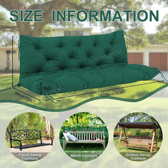Extra Thick 5" Waterproof Porch Swing Cushions Outdoor 40 inch Swing Cushions 2 Seater Replacement with Backrest and Ties for Outdoor Furniture Patio Bench Garden (Dark Green)