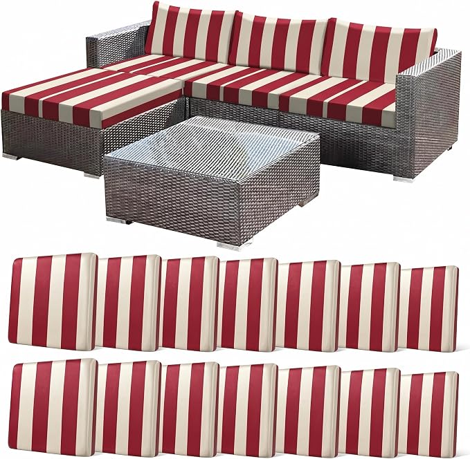 CALBODE 14 Pcs Stretch Outdoor Seat Cushion Covers, Washable Striped Chair Seat Cover for Patio Furniture Cushions Soft Indoor and Outdoor Couch Cover Replacement (Red&Beige, Cover Only)