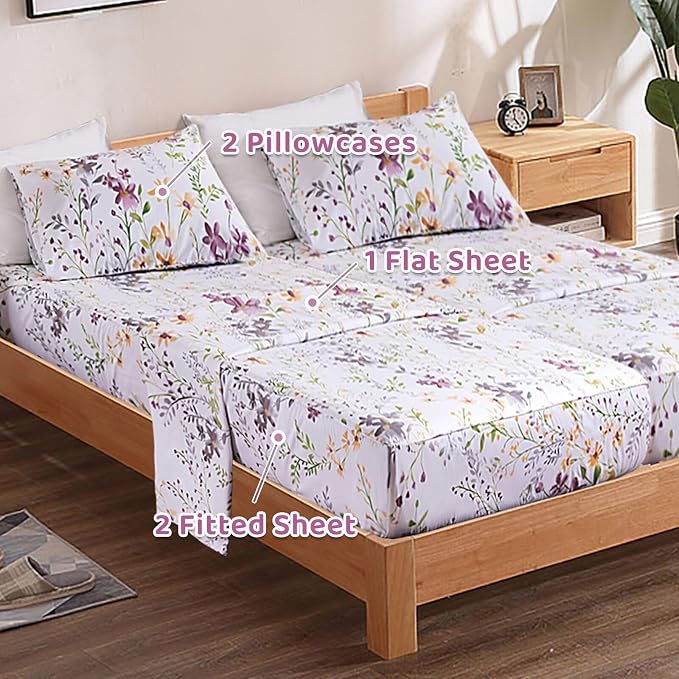 QSH 100% Cotton Sheets for Split King Size Bed - Floral Plant Pattern Botanical Luxury Cotton Printed Floral Bedding King Size Sheet with Deep Pockets 17" Soft and Breathable 5pcs