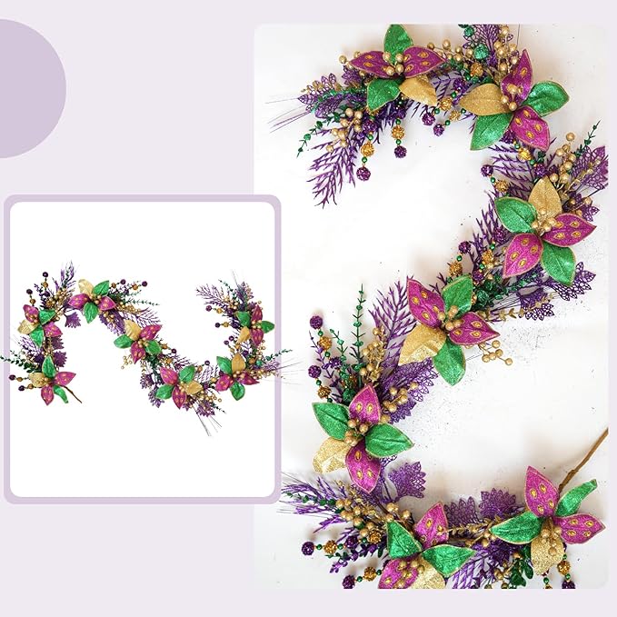 70 Inch Mardi Gras Glitter Garland, Purple Gold Green Poinsettia Flower Garland with Balls for Mantel, Door, Walls, Carnival Indoor Outdoor Home Decor