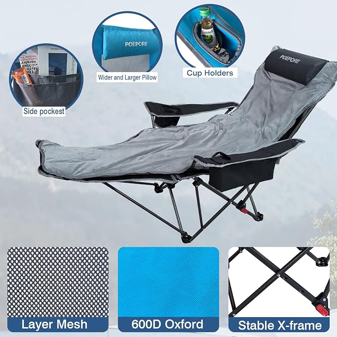 Reclining Camping Chair 4 Position with Foot Rest Comfortable for Adults 265Ibs Folding Lounger Mesh Beach Chair with Cooler Bag,Cotton Cushion and Cup Holder for Outdoor Patio
