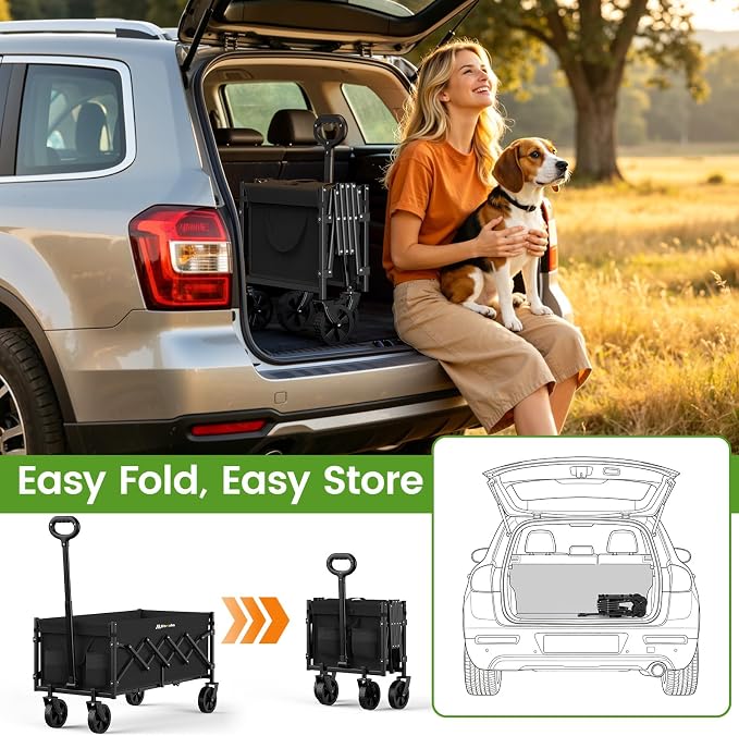 Blomoba 35'' Extra Long Collapsible Wagon with Adjustable Handle, Lightweight Folding Wagon with 360° Swivel Wheels, 220 LBS Portable Utility Cart for Garden, Sports, Grocery, Shopping, Camping, Black
