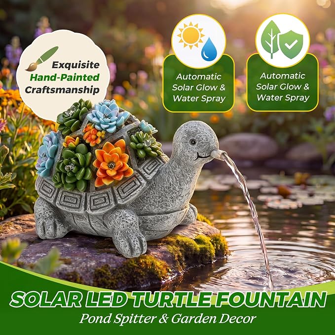 Jetec Solar Garden Statue Fountain Turtle, Pond Water Spitter Aerator, Lawn Decor Tortoise Statue with Succulent and LED Lights for Outdoor Patio, Yard, Ponds, Water Garden Decor