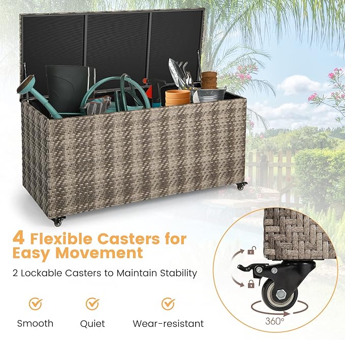 Giantex 96-Gallon Outdoor Storage Box - PE Wicker Deck Box with Lid, 4 Wheels, Waterproof Liner, outside Rattan Storage Container for Patio Cushions, Garden Tools Accessories Storage Box (Mix Gray)