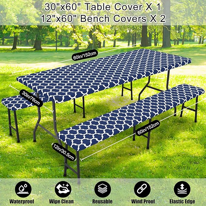 Smiry Picnic Table Cover with Bench Covers, Waterproof Elastic Fitted Tablecloth for 5 Foot Tables, Washable Polyester Tablecloths for Camping, Indoor & Outdoor (Navy, 30x60 Inch 3-pc Set)