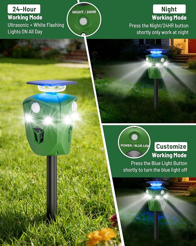 360° Solar Animal Repellent for Yard & Garden – No Blind Spot Motion Sensor to Keep Deer, Raccoons & Cats Away, Waterproof Ultrasonic & Flashing Light Outdoor Deer Repellent Device