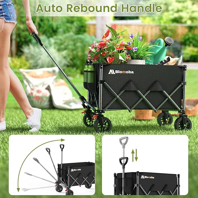 Blomoba Collapsible Wagon Cart, 150L Heavy Duty Foldable Beach Wagon with Wider Wheels & Auto-Rebound Handle, Utility Grocery Shopping Cart for Garden, Shopping, Camping, Sports, Black