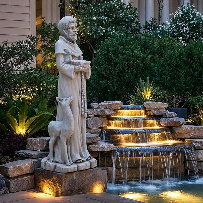 St Francis Garden Statue, 36.2" Saint Francis Catholic Outdoor Statues, Large Religious Christian Sculpture Decor for Prayer and Meditation, Patron Saint of Animals Patio in Durable MGO Stone