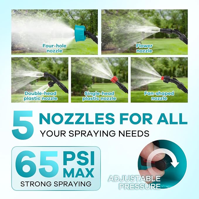 2.64 Gallon Battery Powered Backpack Sprayer, 0-65 PSI Adjustable Pressure, Electric Sprayer with 5 Nozzles and 1 Wands, 18V 2Ah Battery, Wide Mouth Lid for Weeding, Spraying