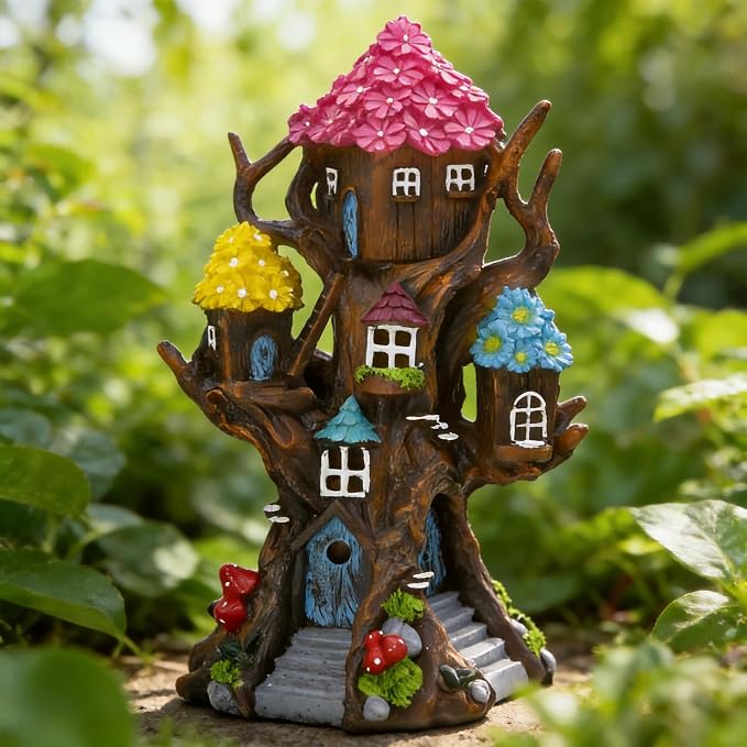 Solar Fairy House 11.8” Tall Fairy Garden House for Outside, Large Fairy Garden Treehouse Accessories Outdoor, Gnome House Garden Statue Fairy Tree House, for Home, Yard, Balcony Decor