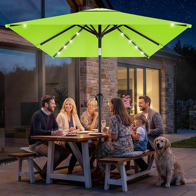 AreShark 6.5' x 10' Rectangular Patio Umbrella with Solar Lights, Solar Powered Lighted Market Umbrella w/Tilt and Crank, Outdoor Table Umbrella for Garden, Deck, Backyard, Pool, Apple Green
