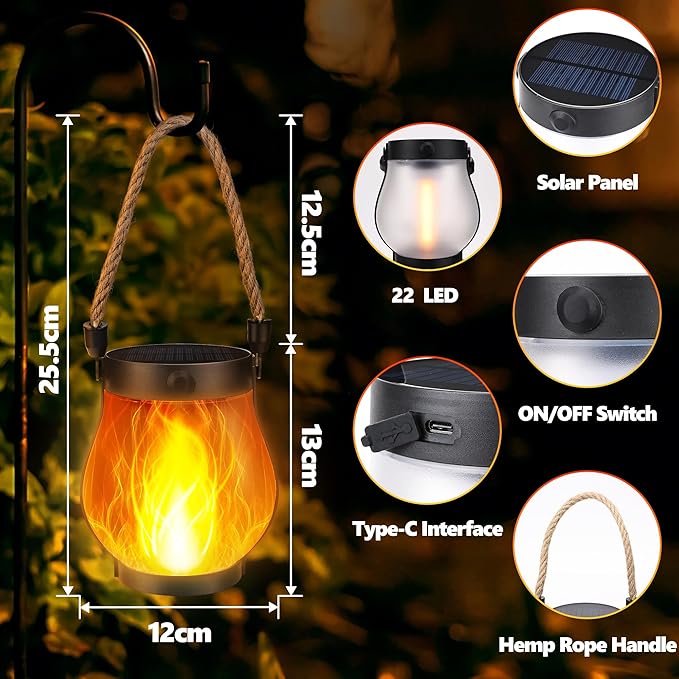 Jyoiat Solar Outdoor Lanterns Waterproof - Solar Hanging Flame Lanterns with Dual Charging Modes of Solar & USB for Garden or Yard Decorations (Warm White - 1 Pack)